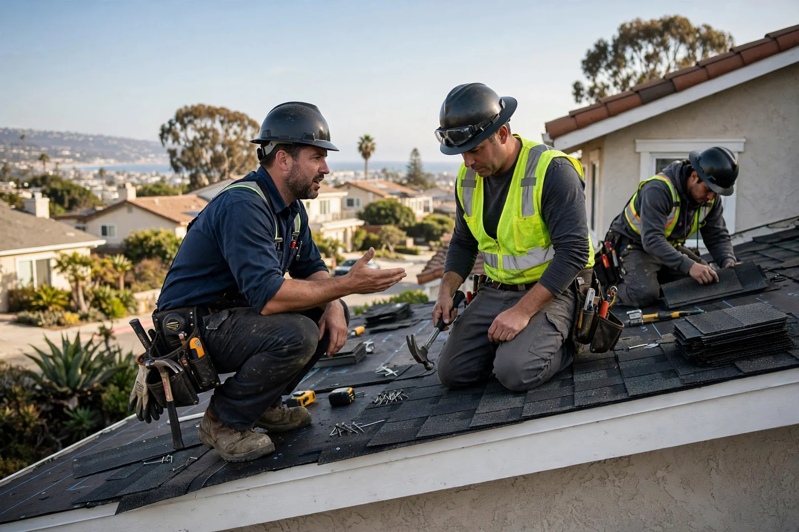 Roofing crew installing single-ply membrane on a flat commercial roof in Dana Point