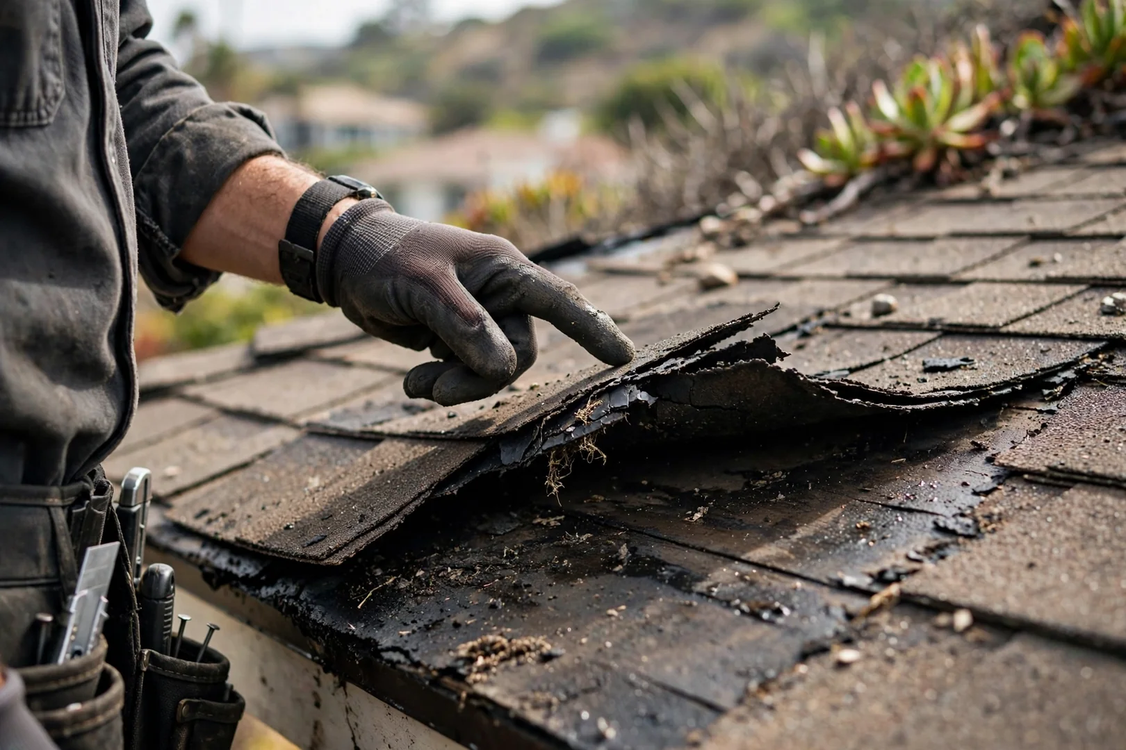 Roofer inspecting parapet flashing near rooftop HVAC equipment