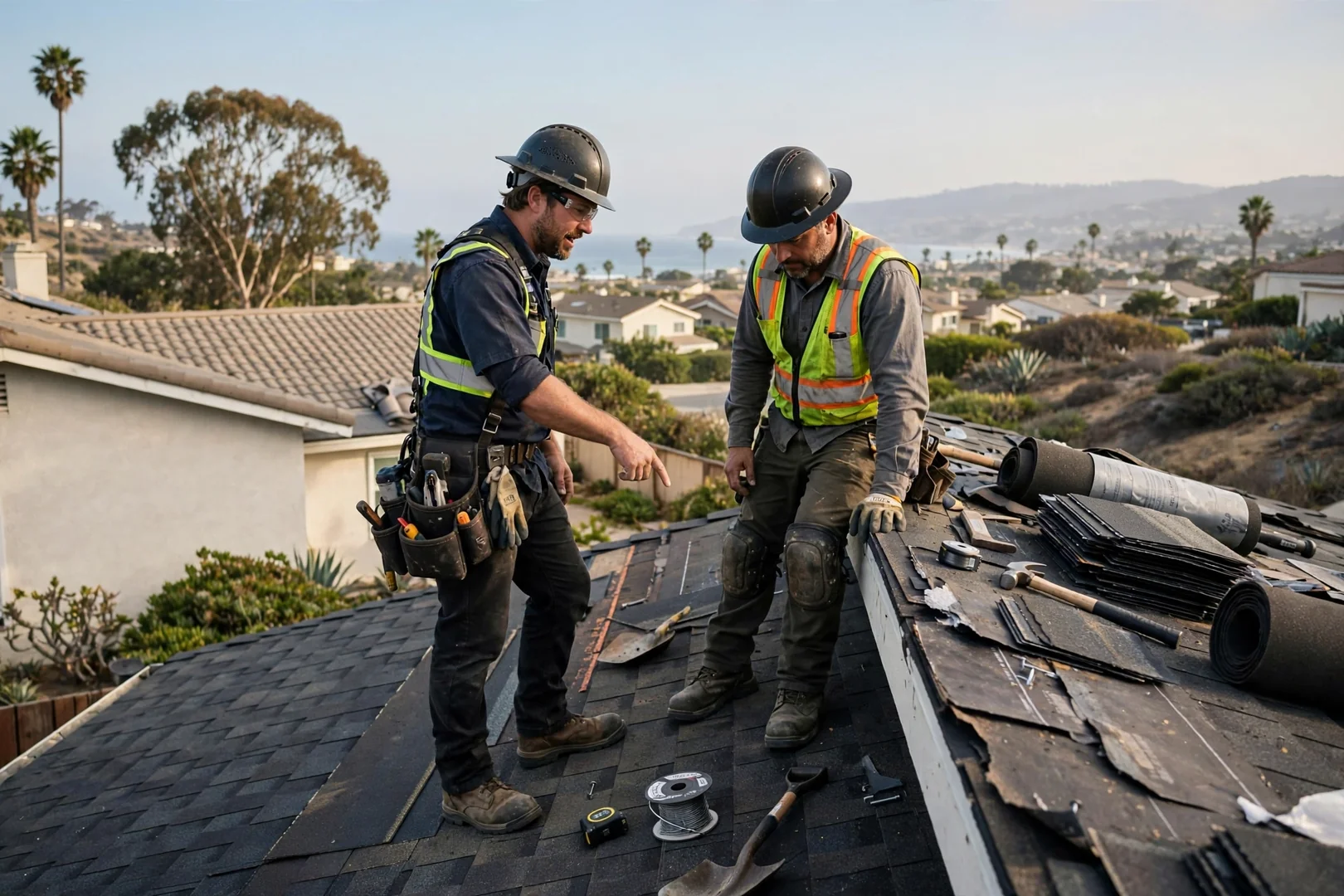 Roofing crew welding single-ply membrane seams on a Dana Point commercial building roof