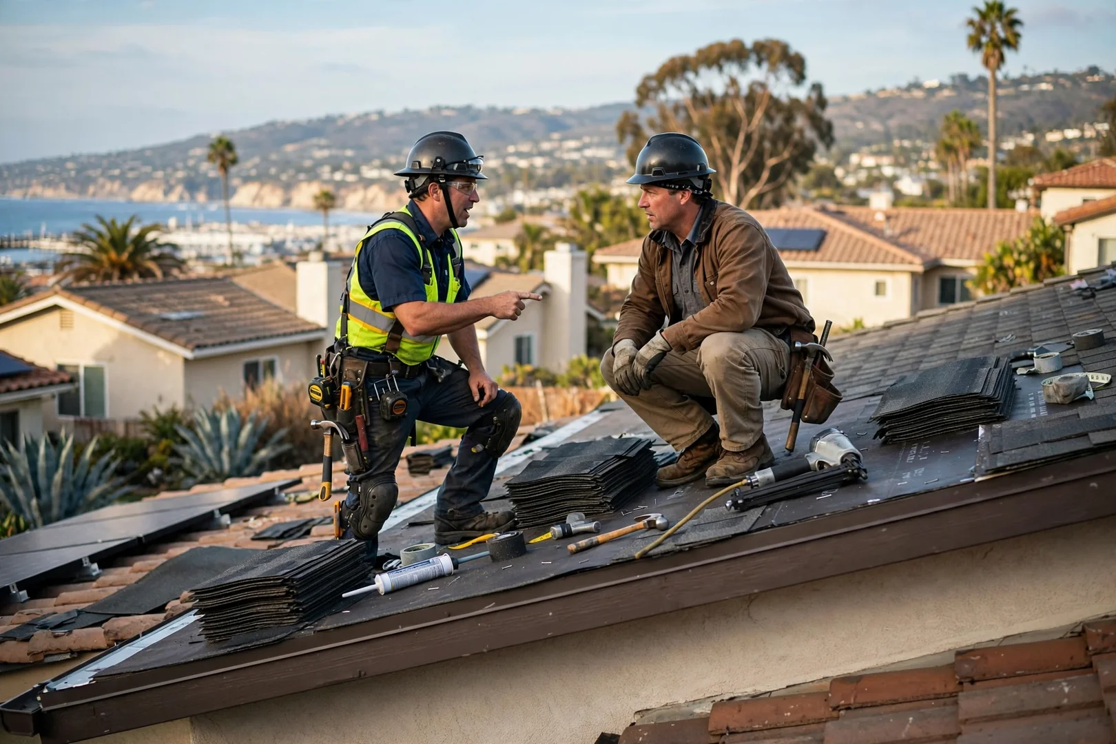 Roofing crew mounting a new aluminum gutter run along a Dana Point home eave
