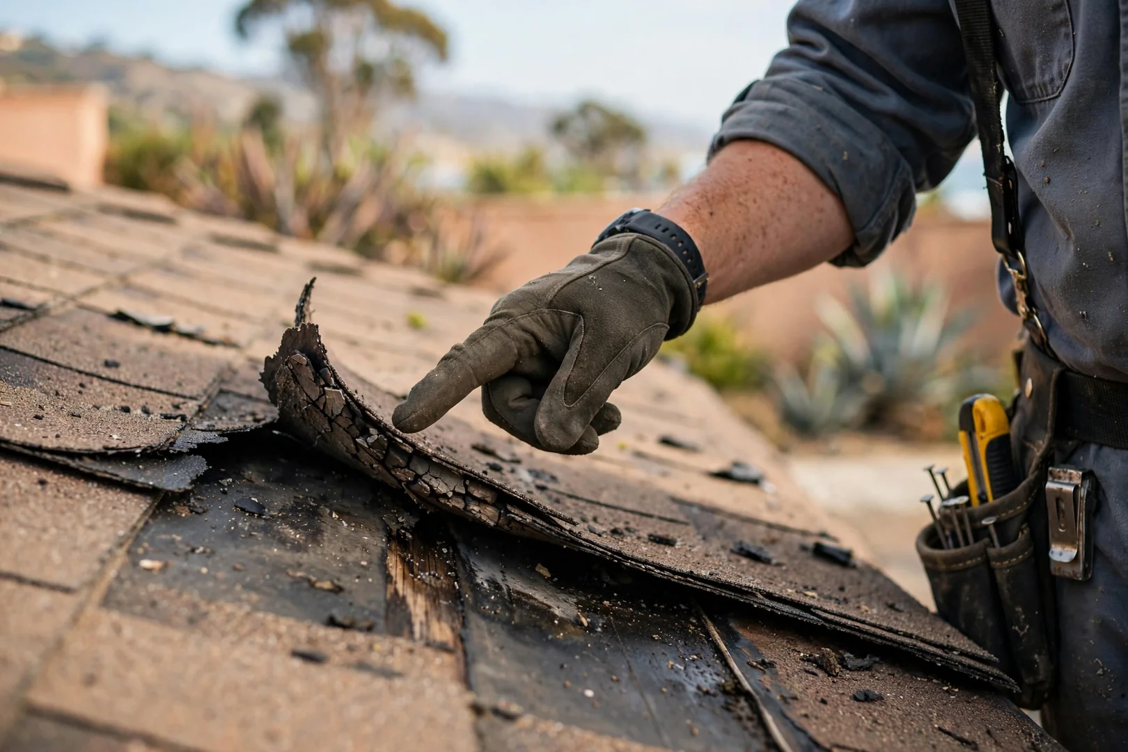 Separated gutter seam dripping onto a stained stucco wall