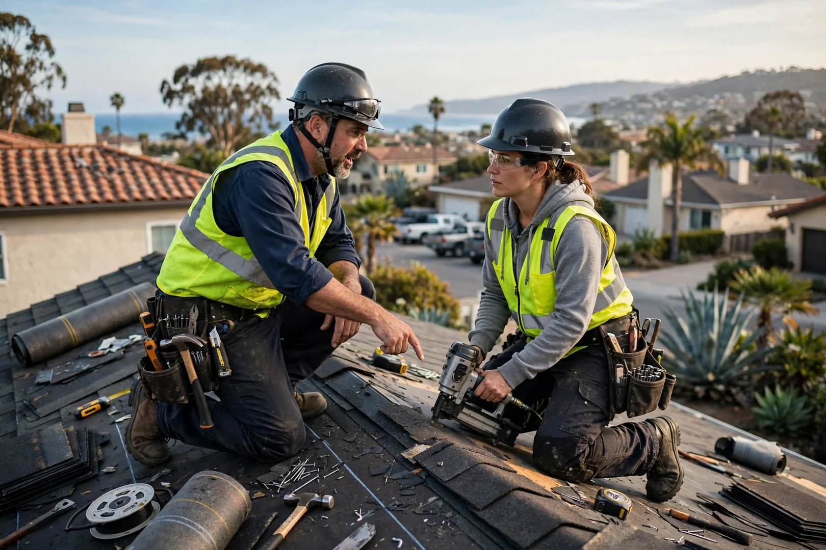 Roofing technician checking downspout alignment during gutter installation on a Dana Point home