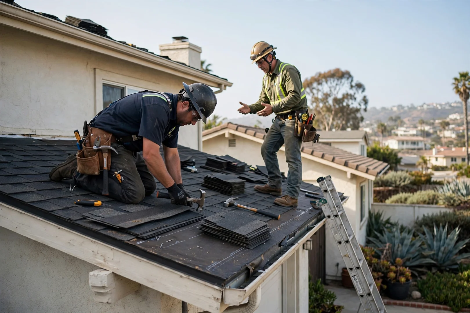 Roofing crew setting standing seam metal panels on a Dana Point coastal home