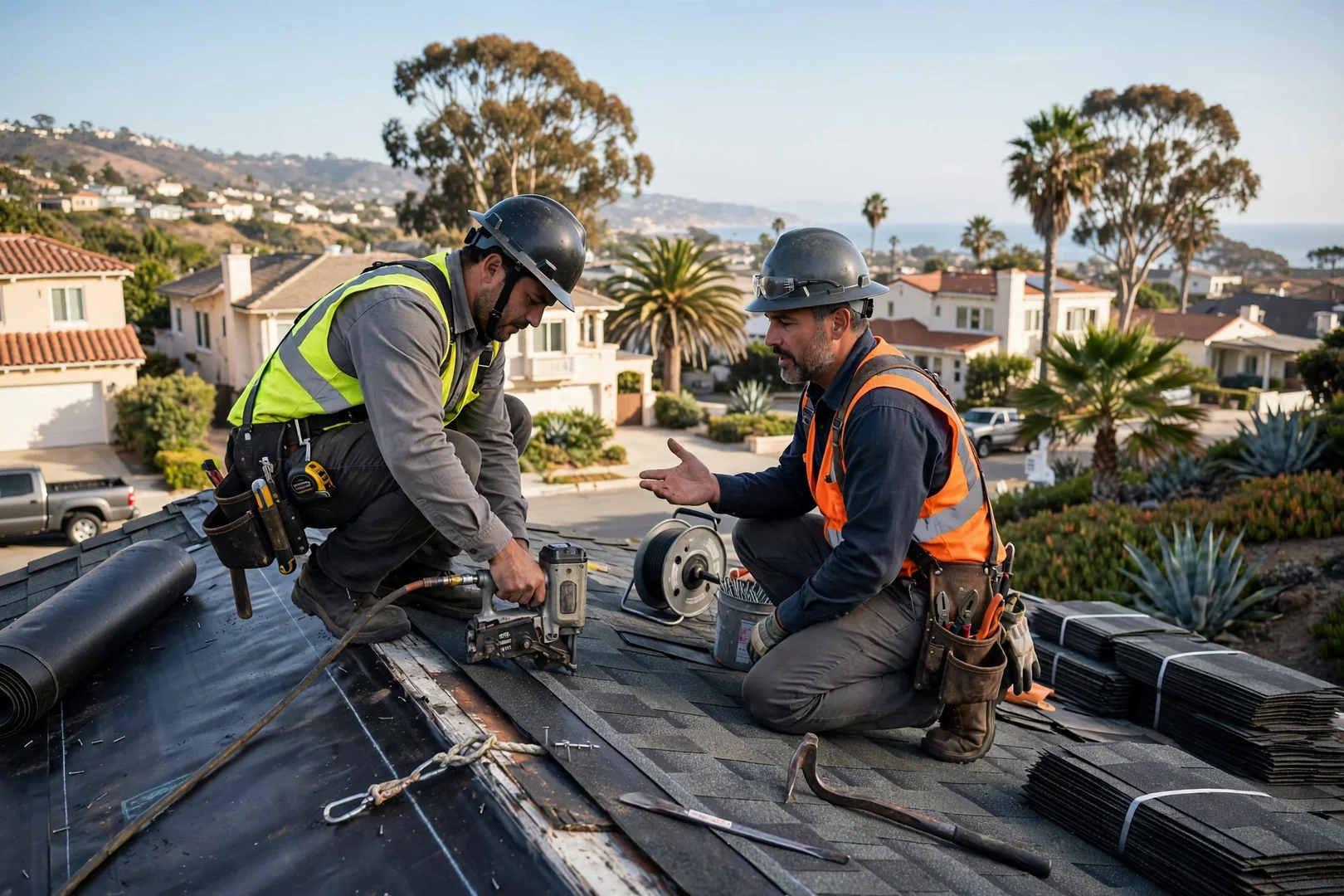 Roofing crew aligning metal panels and ridge flashing on a Dana Point rooftop