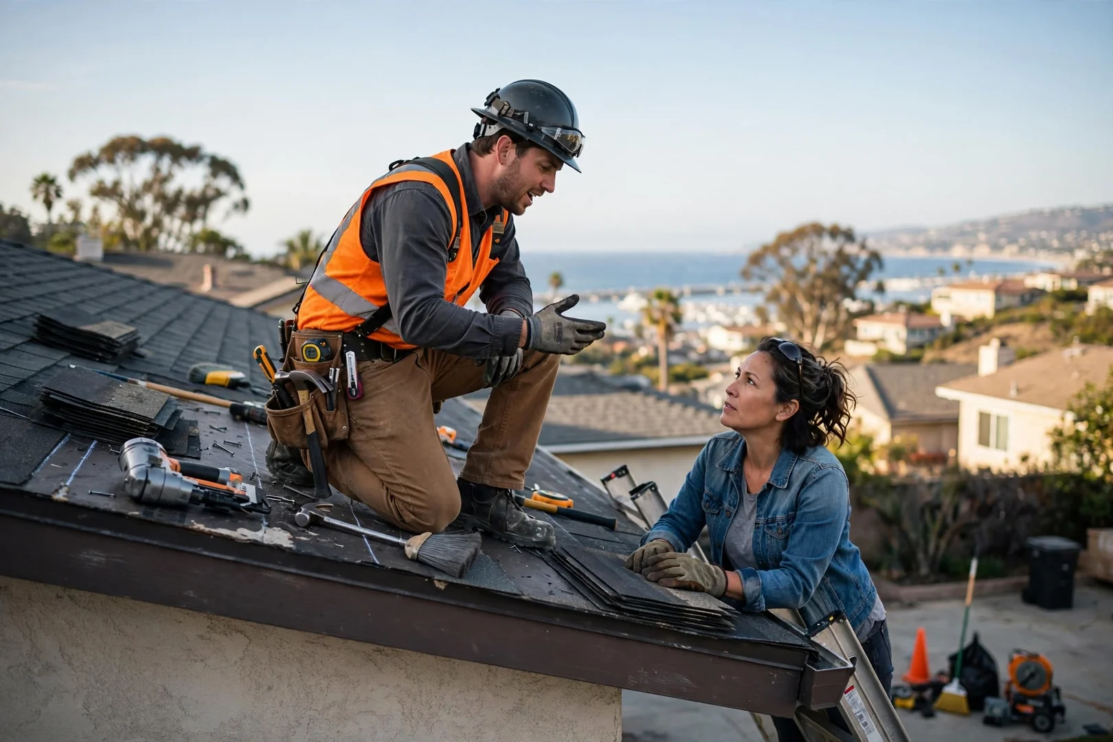 Roofer reviewing written inspection estimate on tile roof