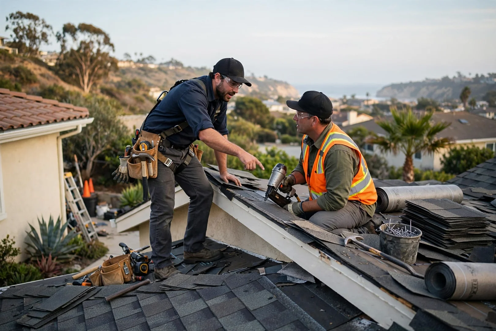 Roofing technician photographing flashing details during a roof inspection on a Dana Point home