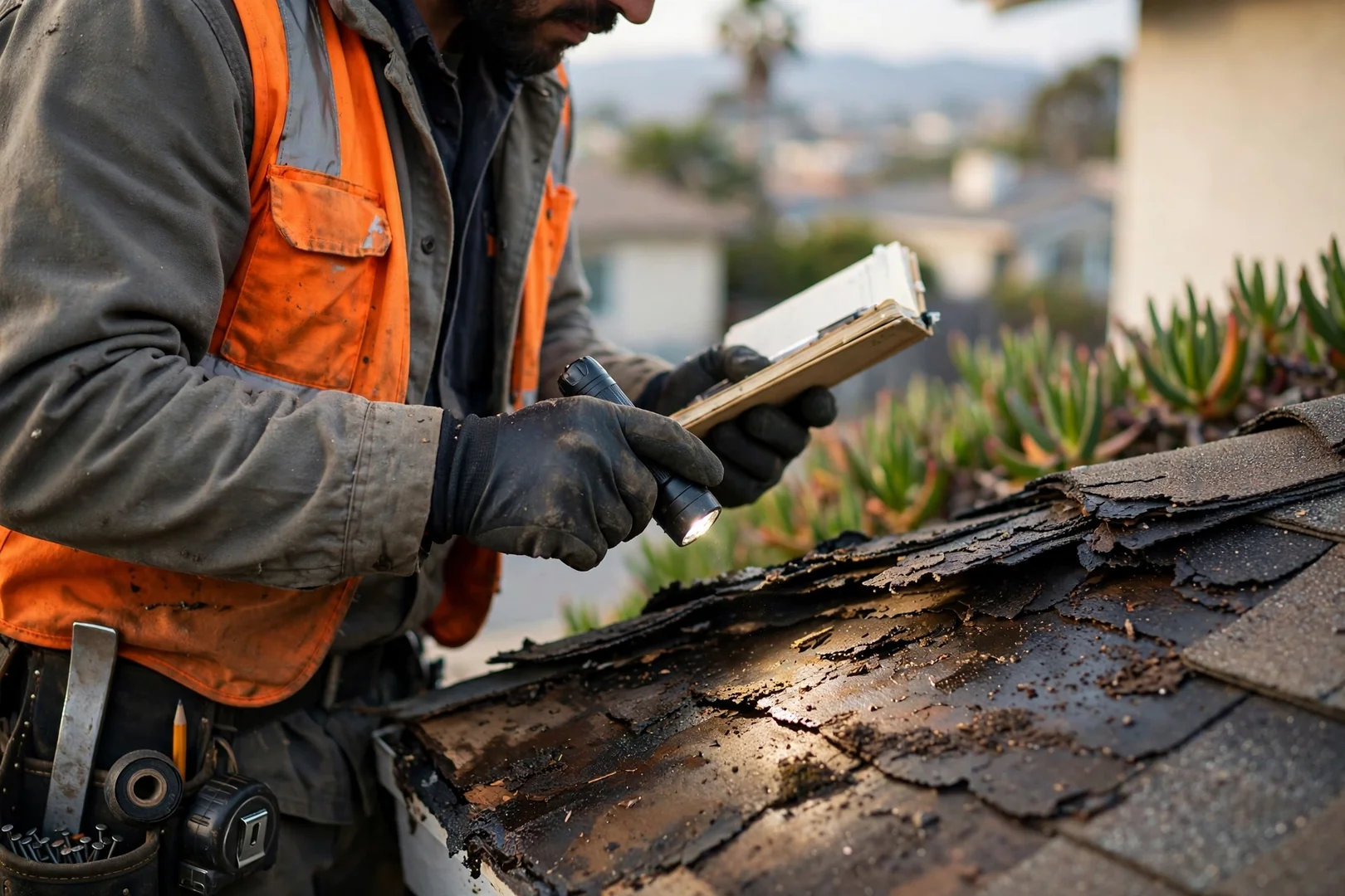 Debris clogged gutter and drip edge showing water backup on a residential roof