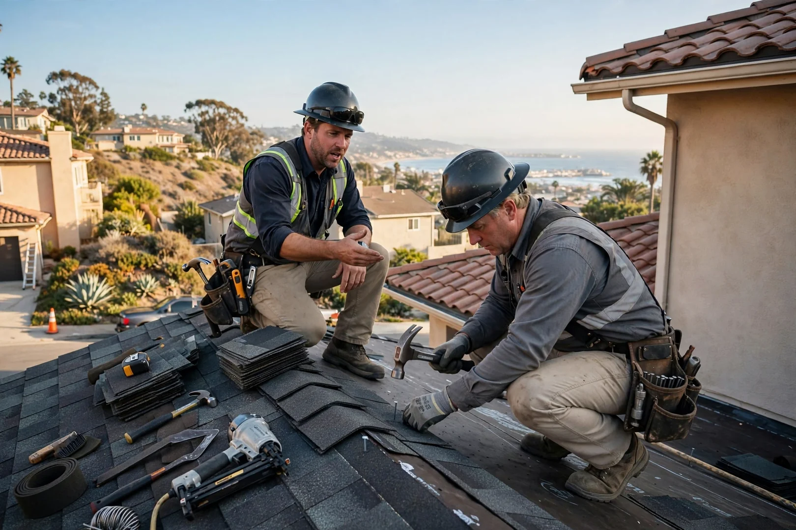 Inspector documenting flashing and vent condition with photos on a Dana Point home roof