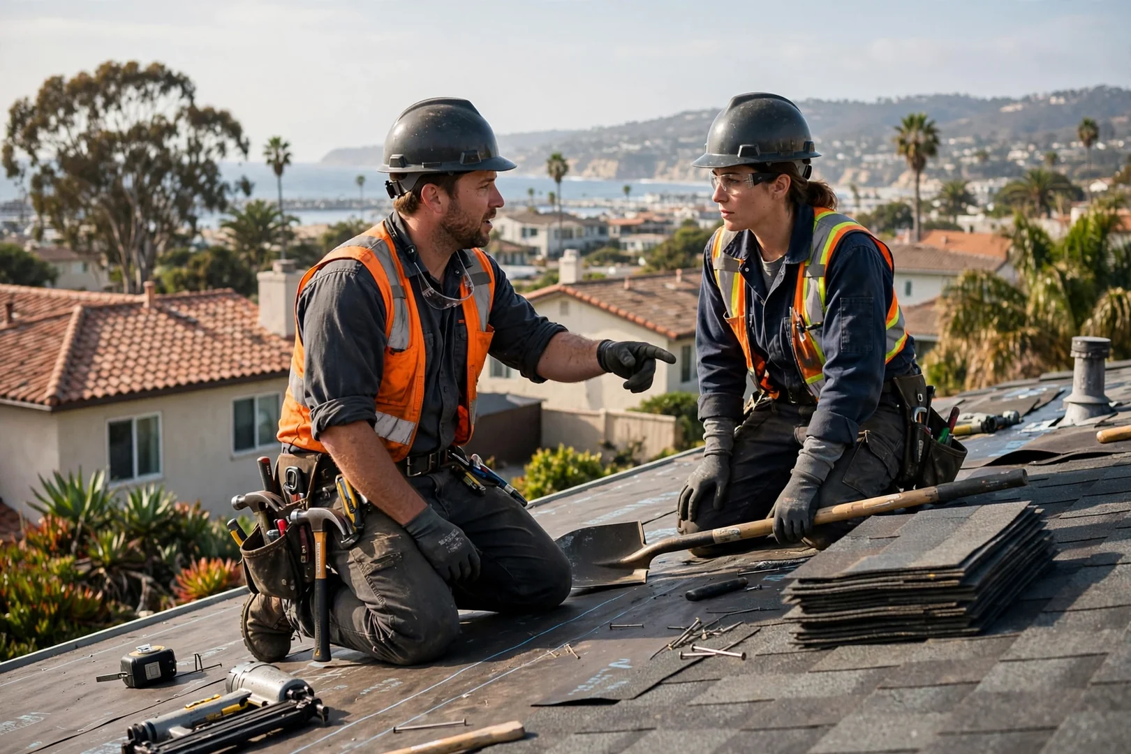 Roofer measuring damaged tile section on a home