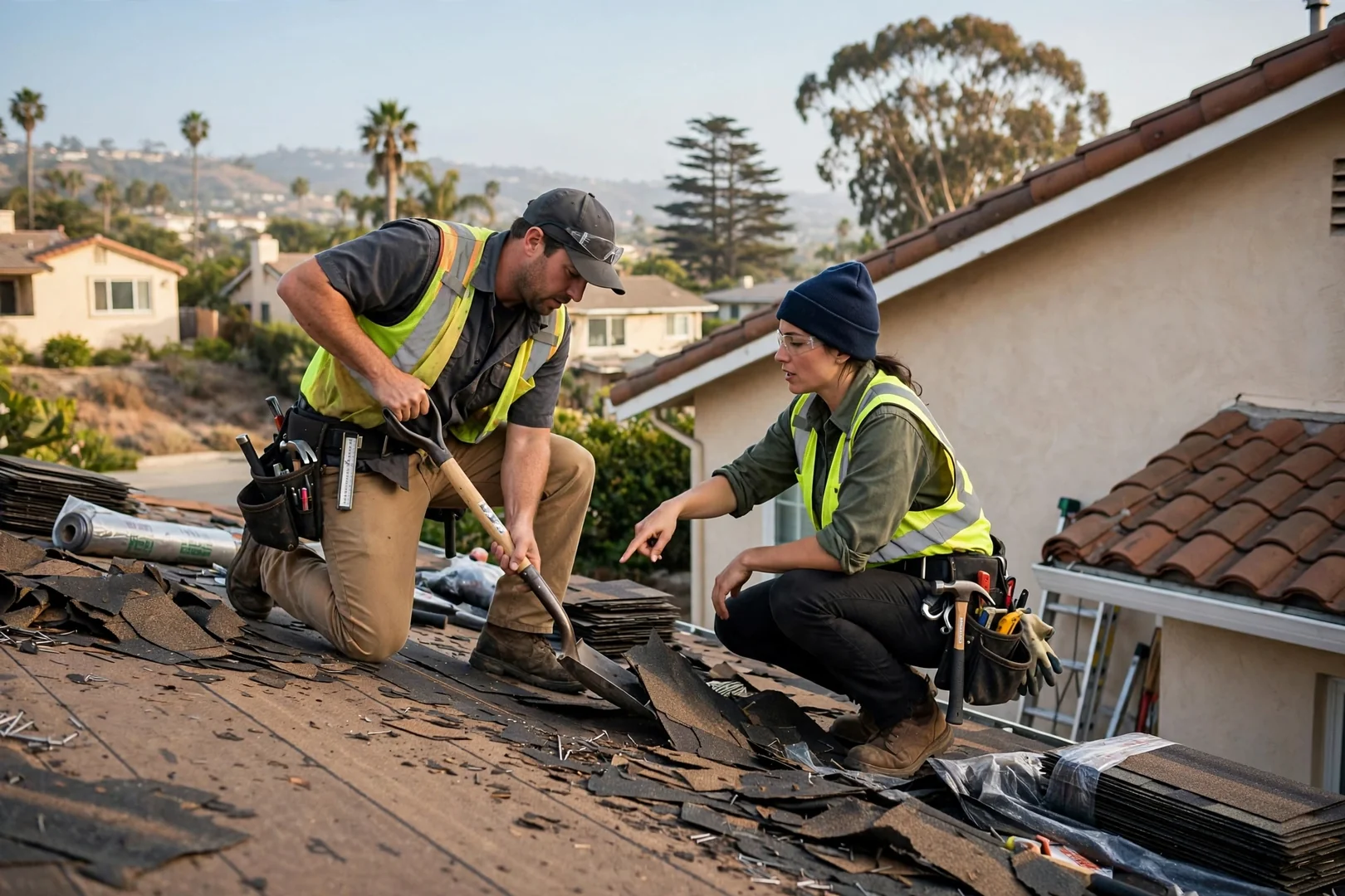Roofer replacing cracked clay tiles on a Dana Point home during a repair visit