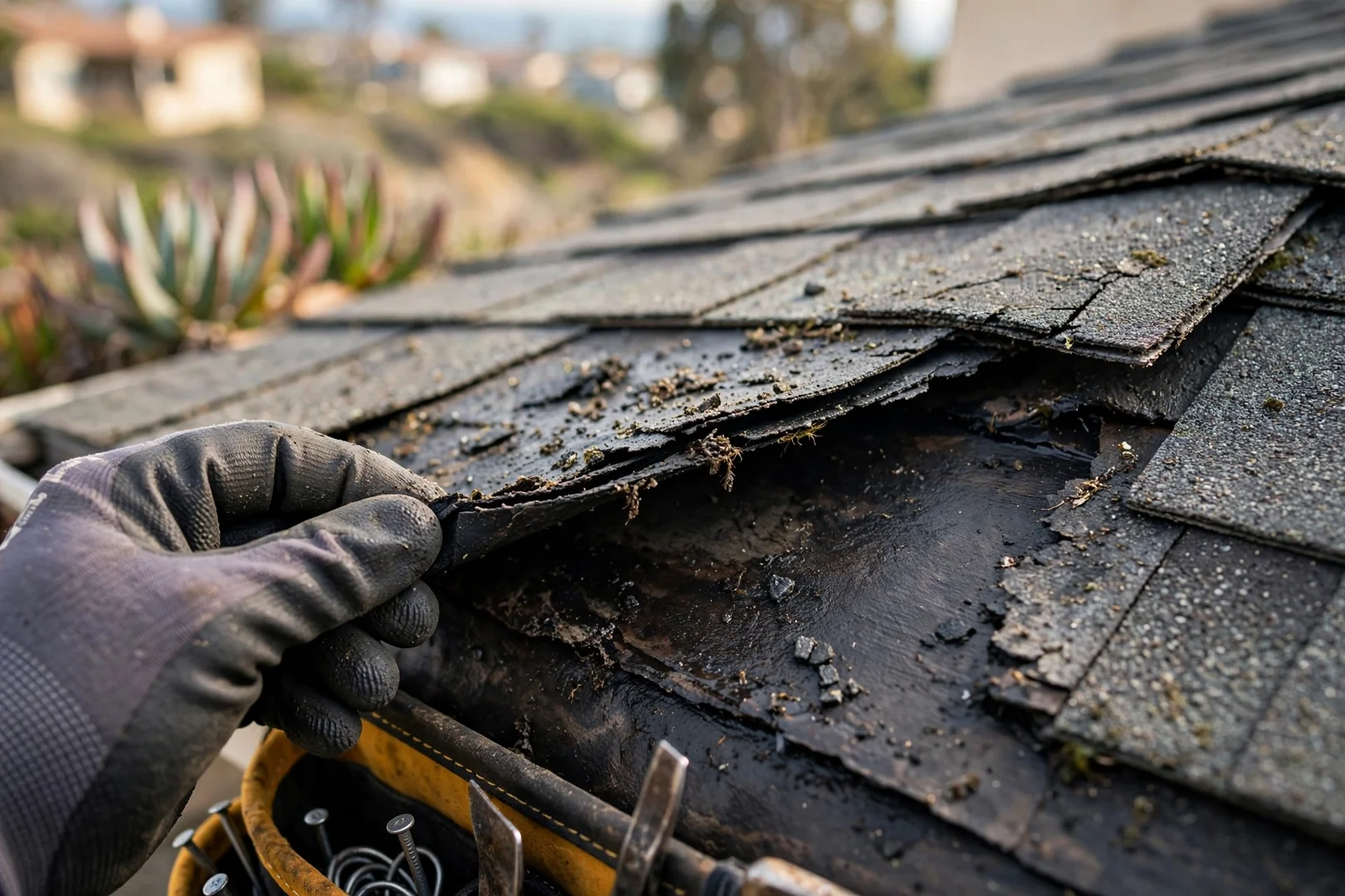 Damaged flashing and debris packed valley on an older coastal roof