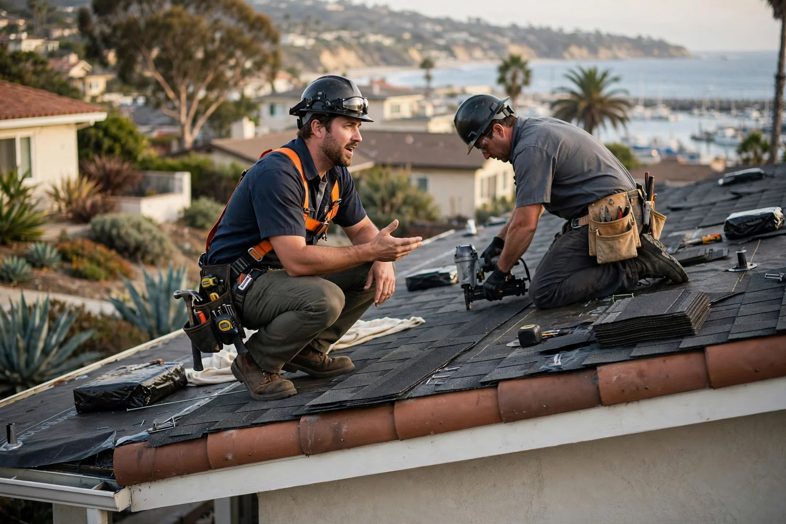 Roofing technician reviewing repair documentation with a Dana Point homeowner beside a finished tile roof