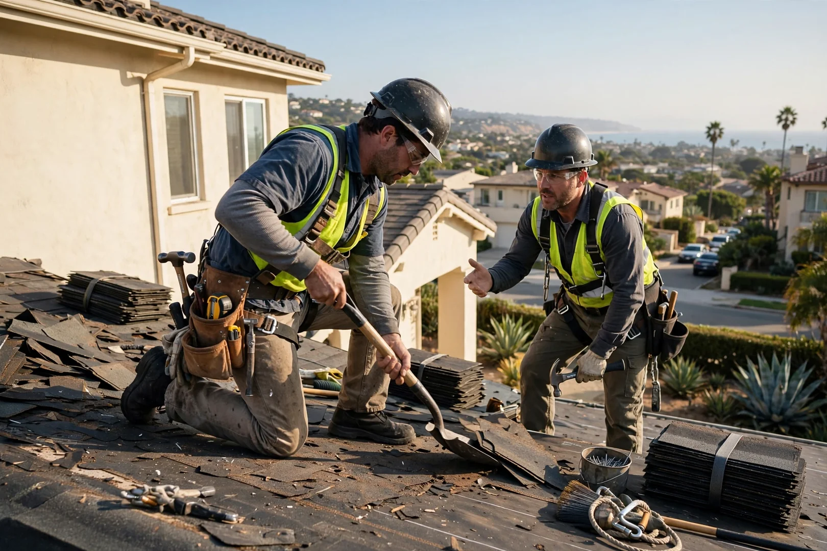 Roofer measuring a coastal home roof for replacement