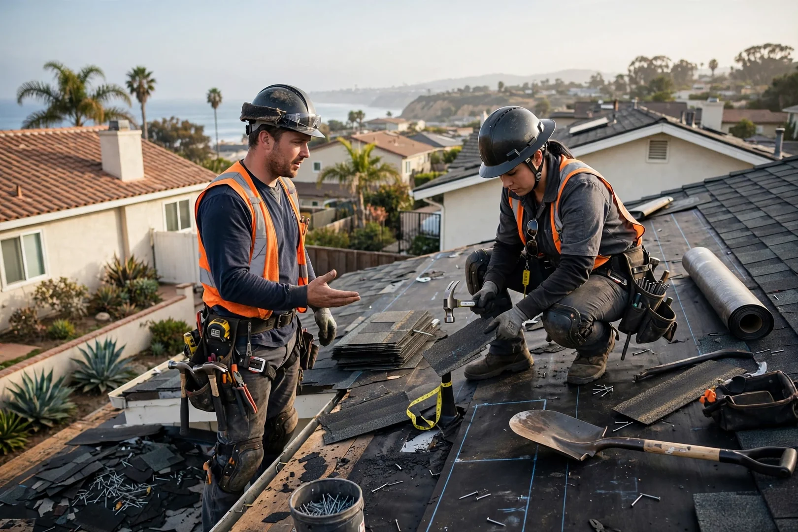Roofing crew installing new underlayment and shingles on a Dana Point home