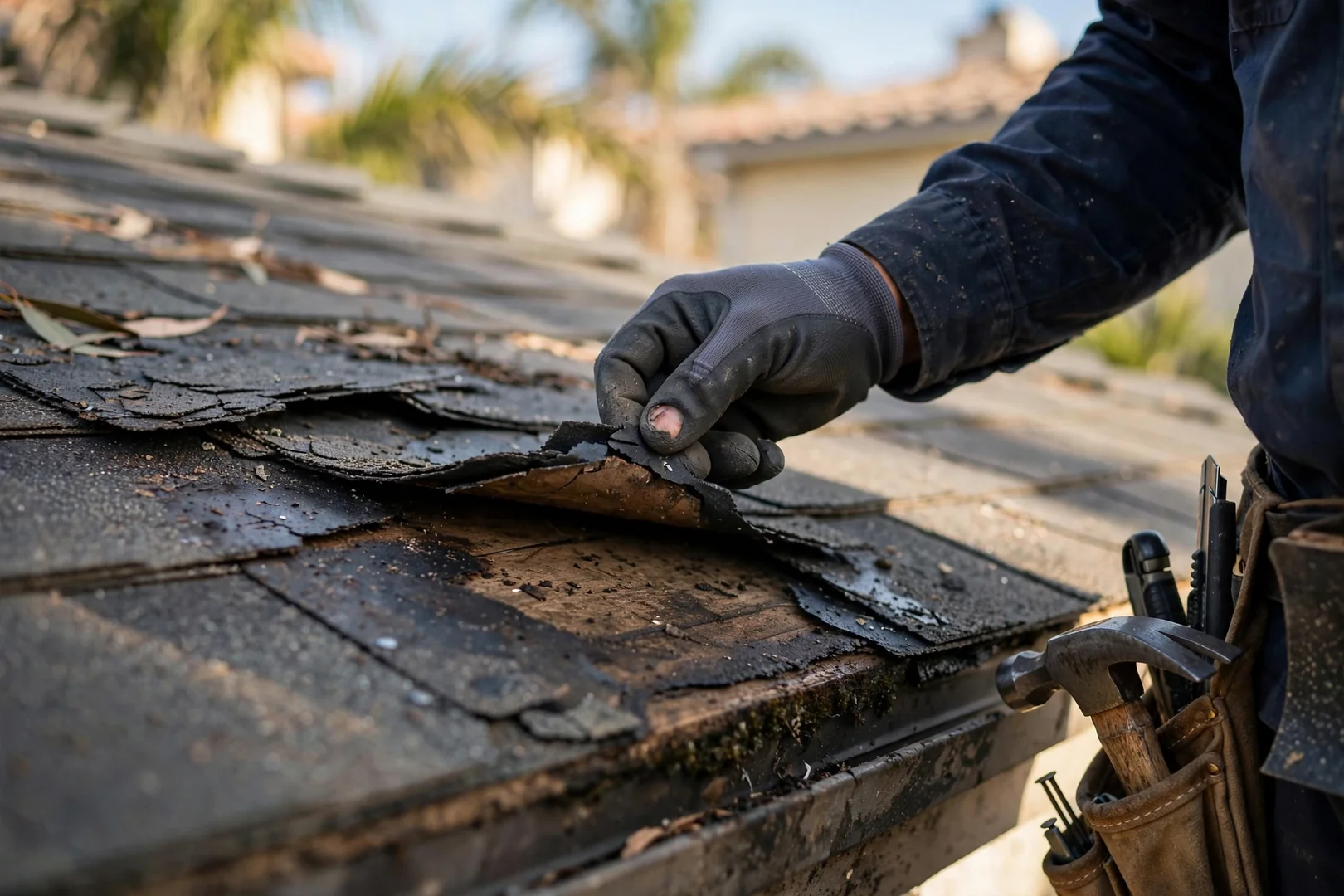 Water stained ceiling below a leaking roof valley