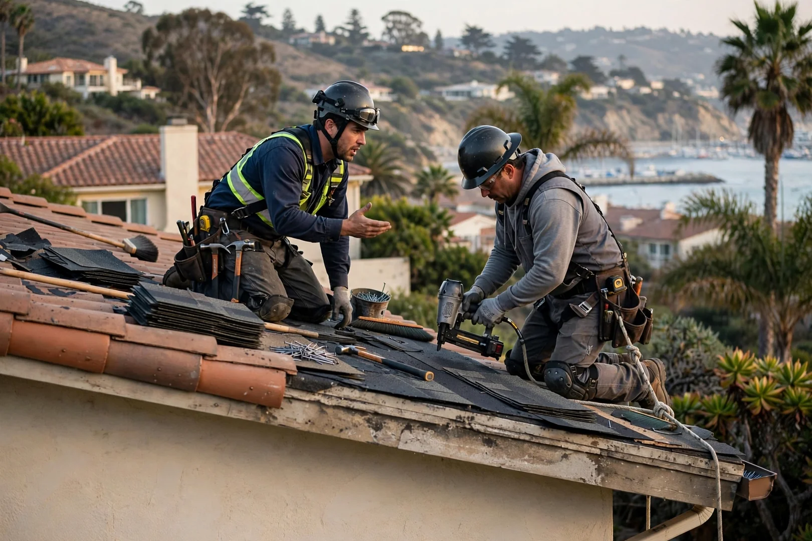 Roofing crew installing new underlayment and flashing during a Dana Point roof replacement