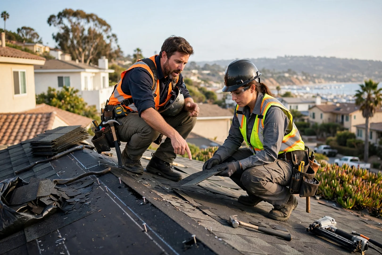 Roofing crew scheduling work on a neighborhood rooftop in Dana Point during clear weather