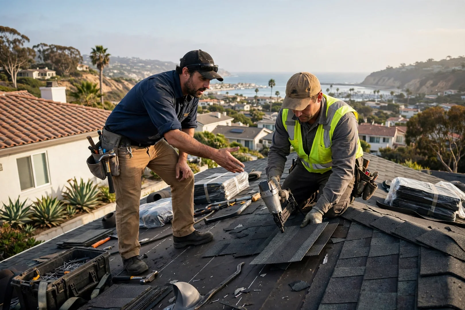 Roofer reviewing written estimate paperwork with homeowner outside a Dana Point home