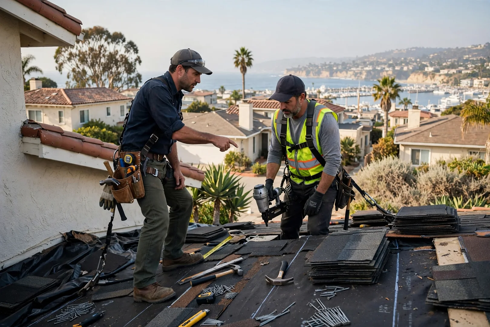 Roofing estimator reviewing written cost breakdown with homeowners outside a Dana Point house
