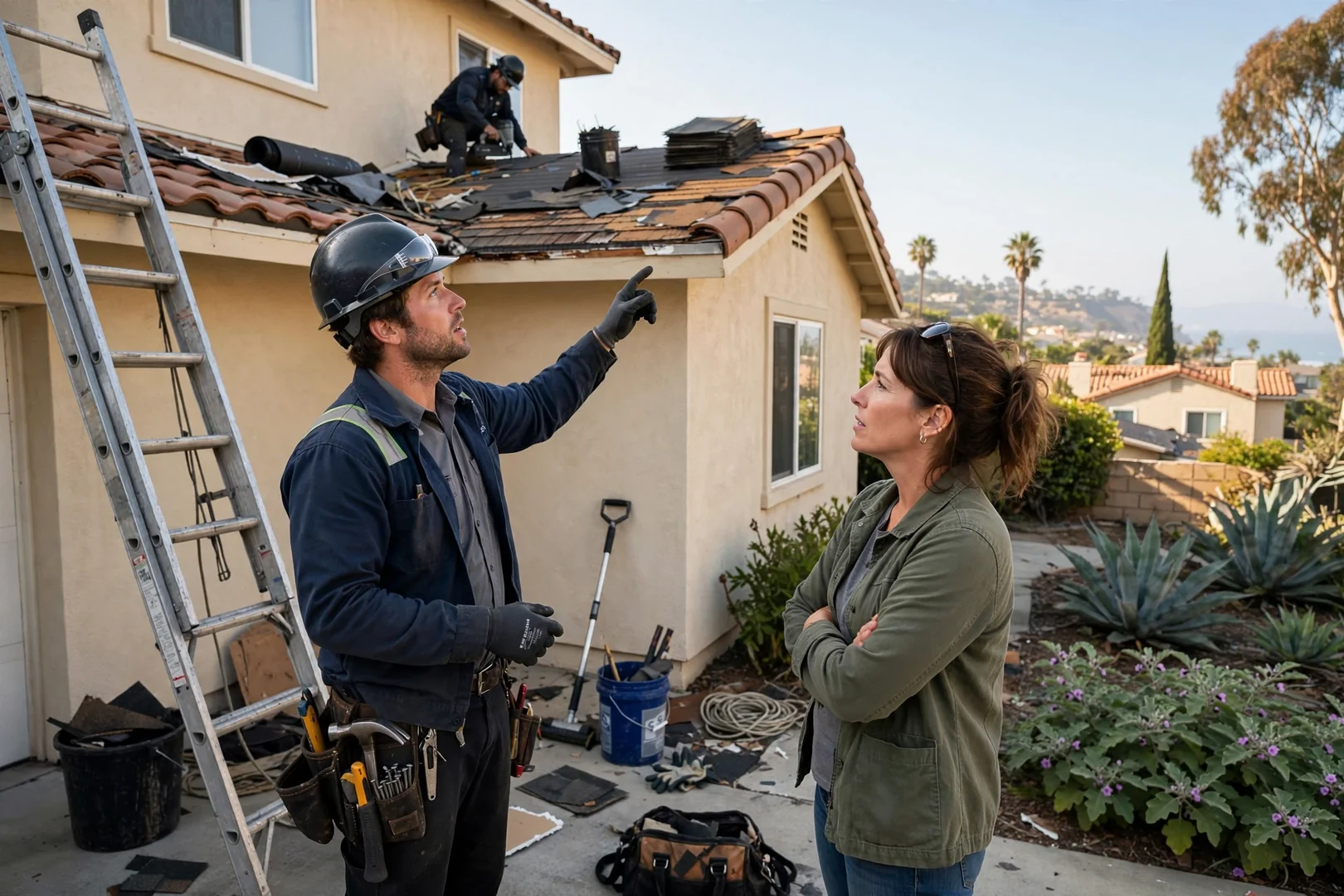 Roofer reviewing a written estimate with a homeowner outside a Dana Point coastal home