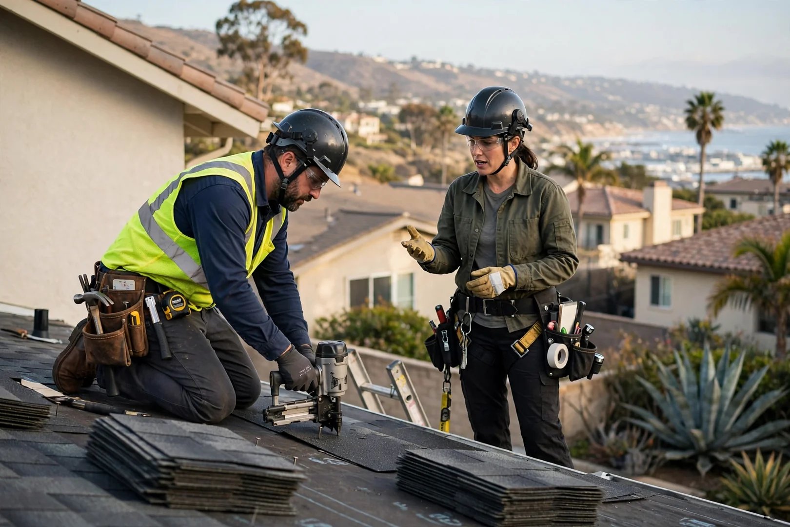 Roofing estimator reviewing tile roof measurements on a Dana Point coastal home