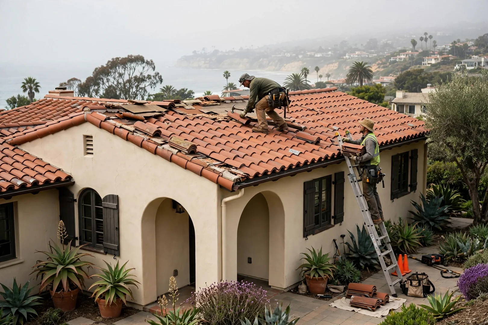 Coastal Dana Point home with weathered clay tile roof showing slipped tiles near ridge