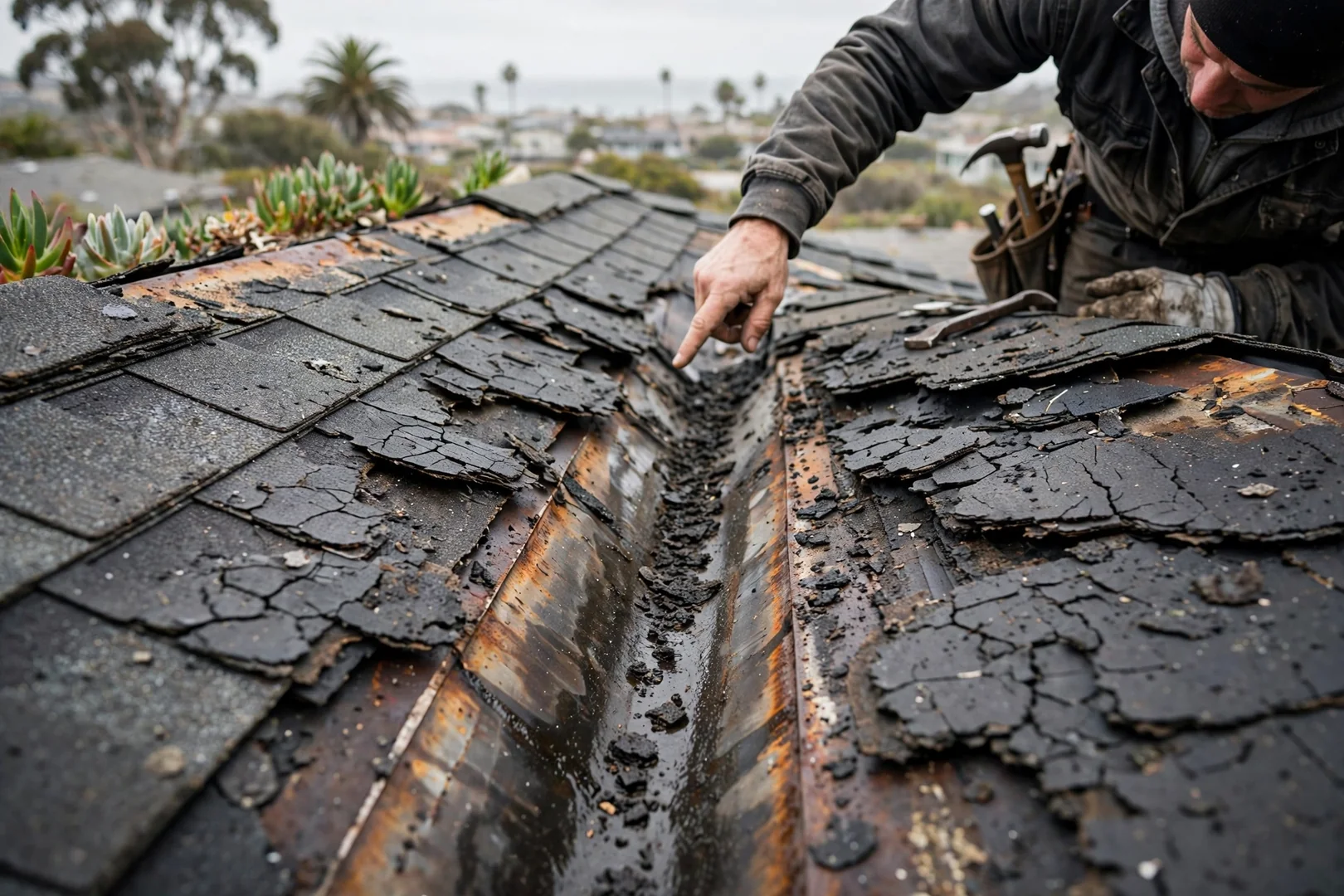 Close-up of cracked shingles and corroded valley flashing with water staining