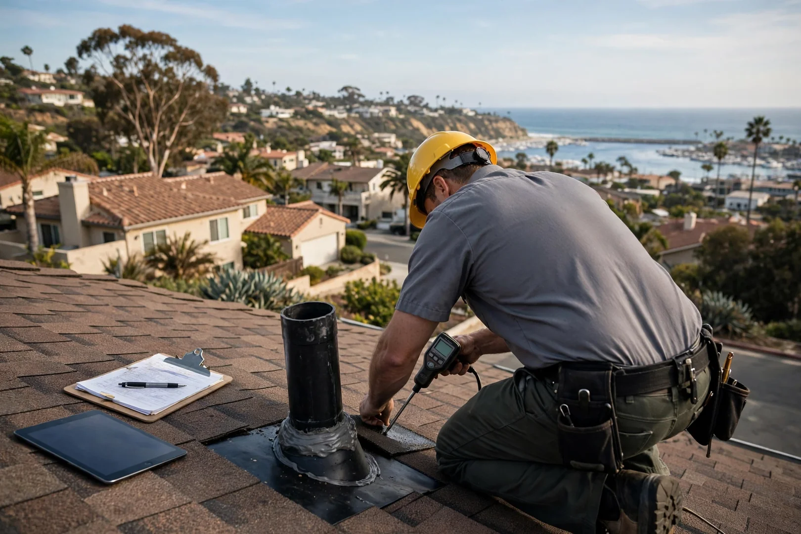 Roofing inspector documenting pipe boot condition during a residential roof inspection