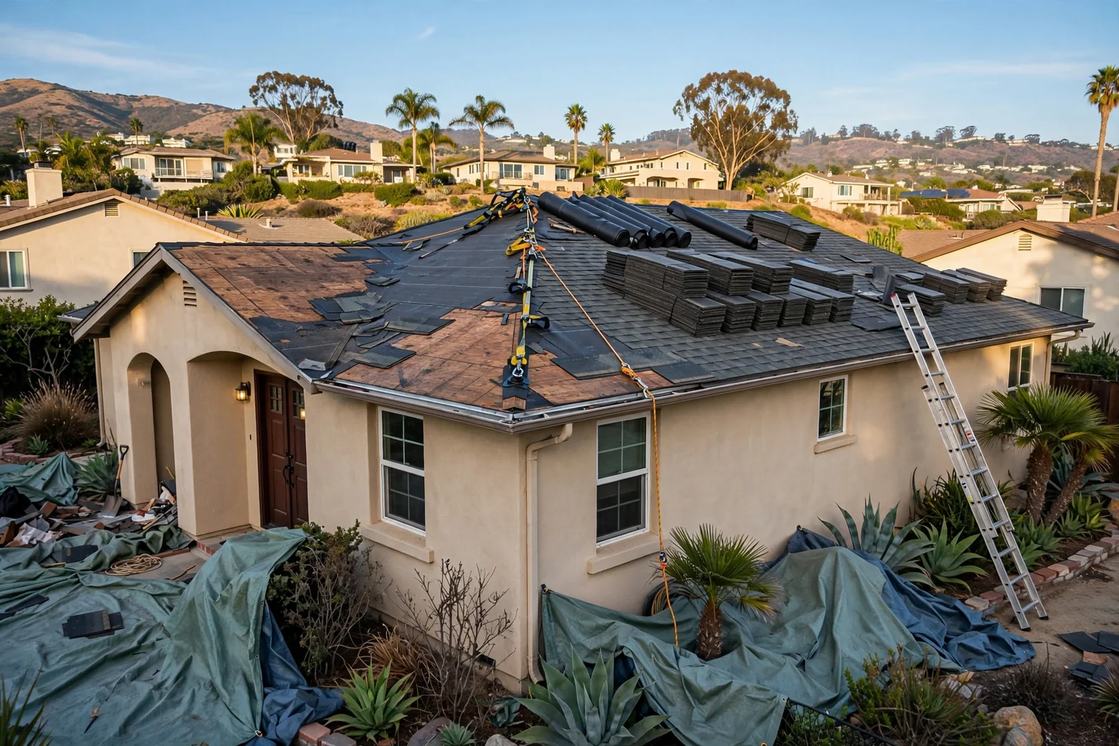 Active roof replacement setup with staged materials tarps and ladder on a residential property