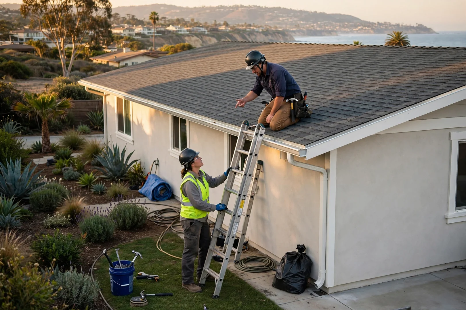 Completed roof replacement with new drip edge and seamless gutters on a coastal home