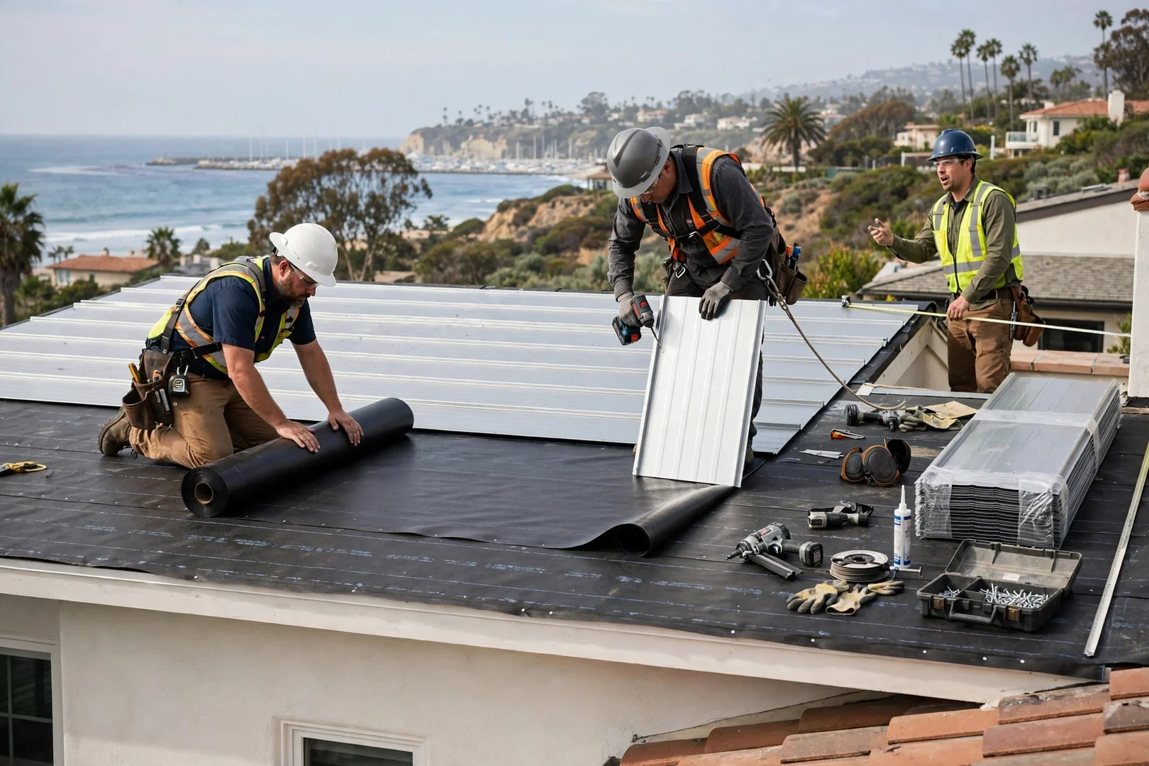 Crew installing standing-seam metal panels and new underlayment on a coastal residence