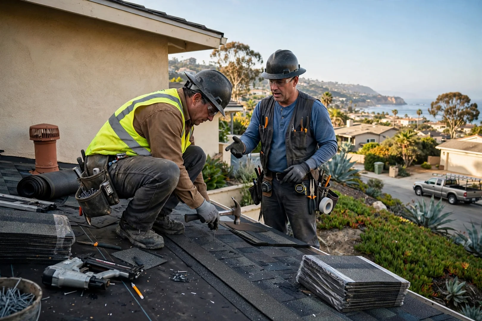 Roofer inspecting storm damaged tile roof section