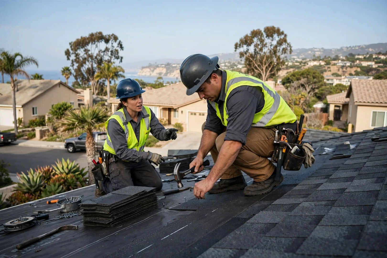 Roofer sealing damaged flashing after a winter storm on a Dana Point home