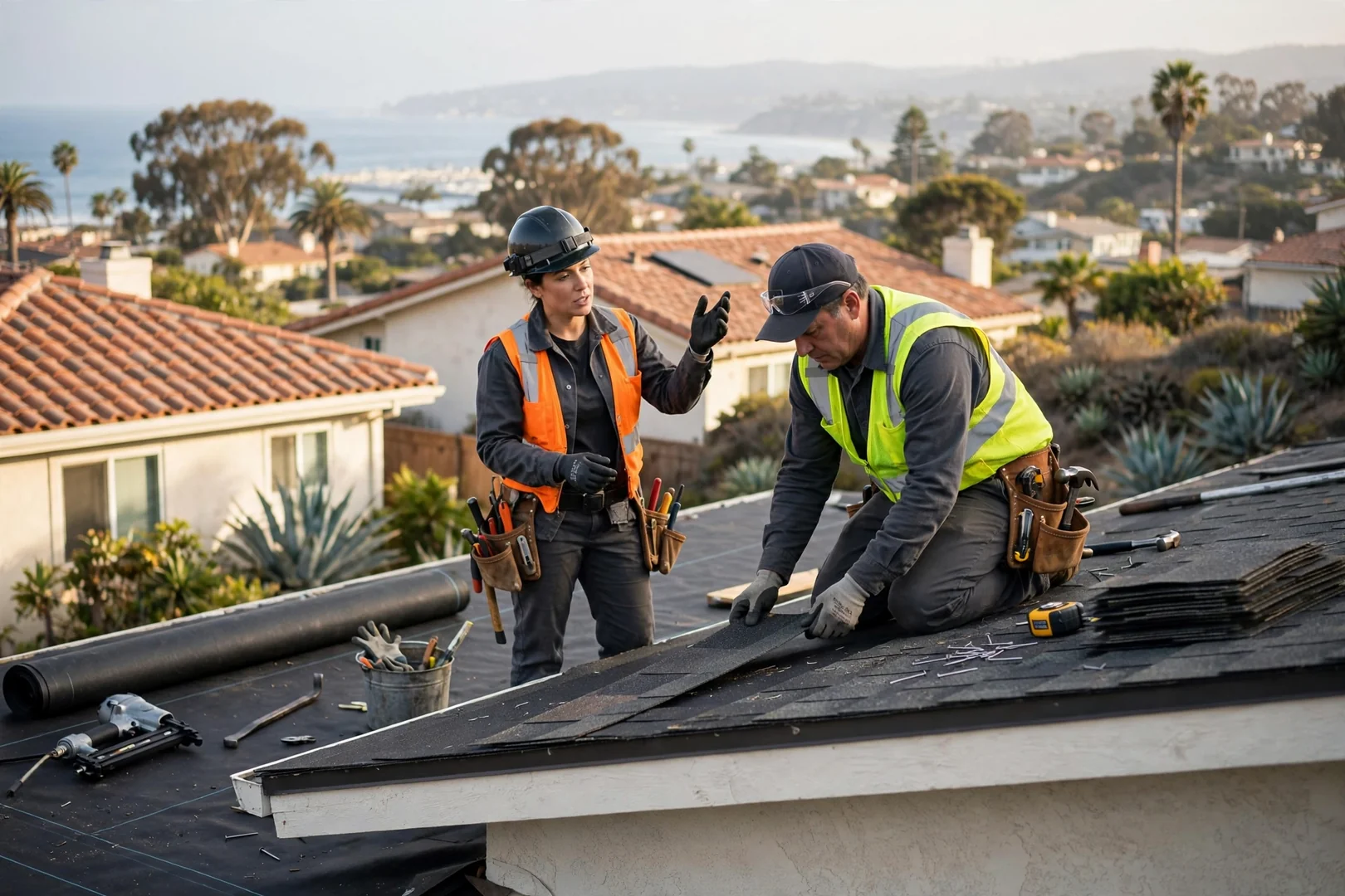Roofing crew reviewing storm repair documentation outside a Dana Point home after heavy rain